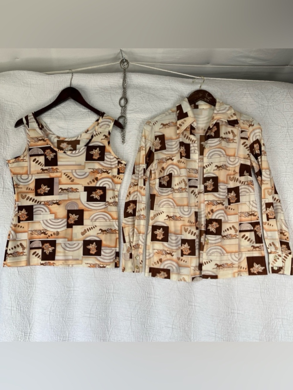 Vintage 70s Zio Designs by Youngja Western Horse Shirt Tank Top Set DAMAGED S